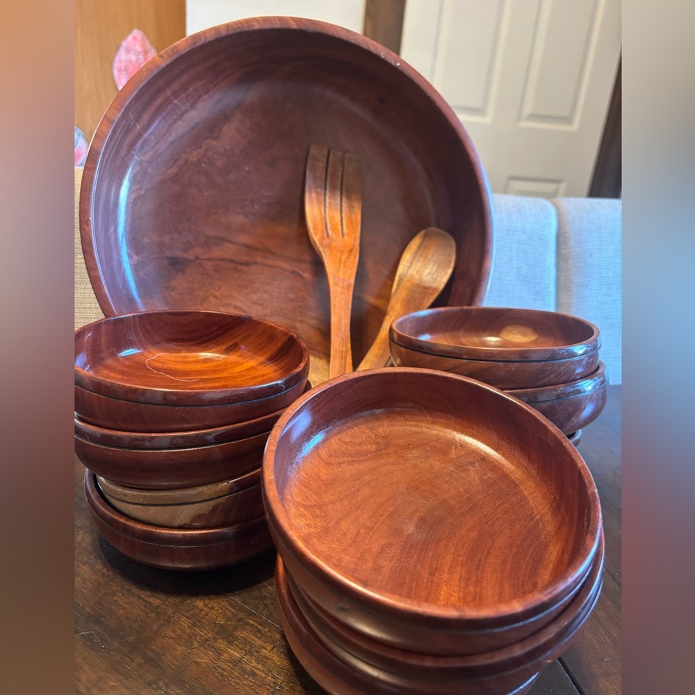 Vintage salad bowl 12 small bowls salad wood fork and spoon solid wood